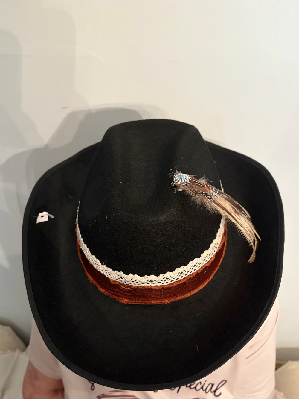 Women's Black Felt Cowboy Hat with Lace Band and Feather